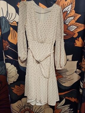 Women's Cream Long-Sleeve V-Neck Tiered Dress with Belt